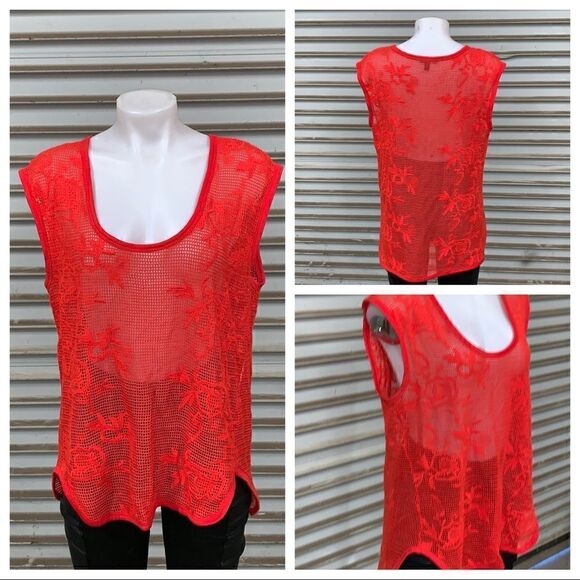 Banana Republic top tank cover up red knit flower design size large sleeveless - Picture 1 of 6